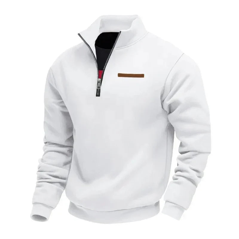 Winter Fleece Quarter Zip Stand Collar Sweatshirt for Men in White