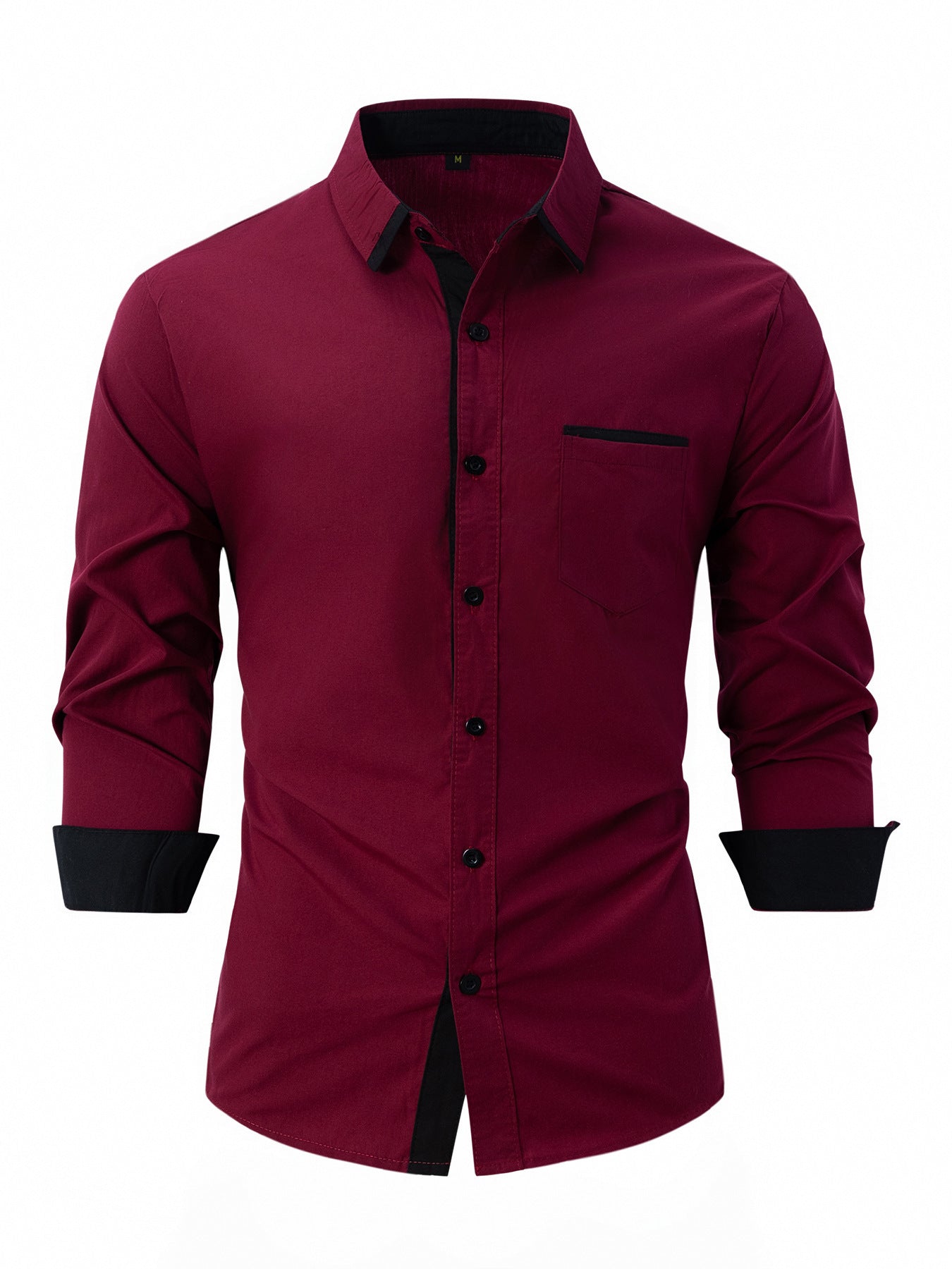 Fall Slim Fit Cotton Blend Contrast Trim Dress Shirt for Men in Burgundy