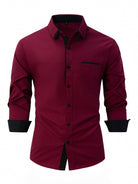 Fall Slim Fit Cotton Blend Contrast Trim Dress Shirt for Men in Burgundy