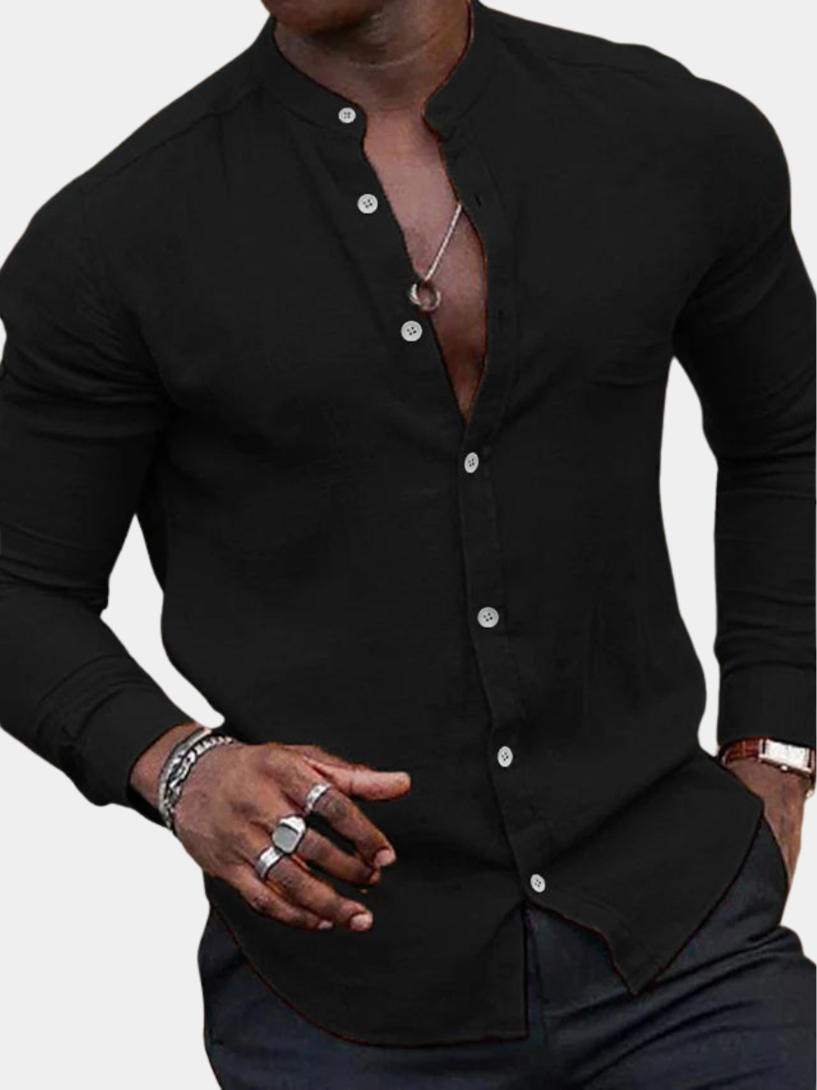 Button Up Shirt Mens Band Collar Long Sleeve Relaxed Plain Casual