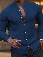 Button Up Shirt Mens Band Collar Long Sleeve Relaxed Plain Casual