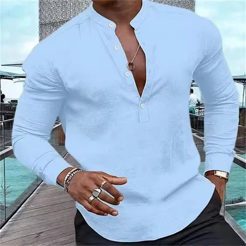 Button Up Shirt Mens Band Collar Long Sleeve Relaxed Plain Casual