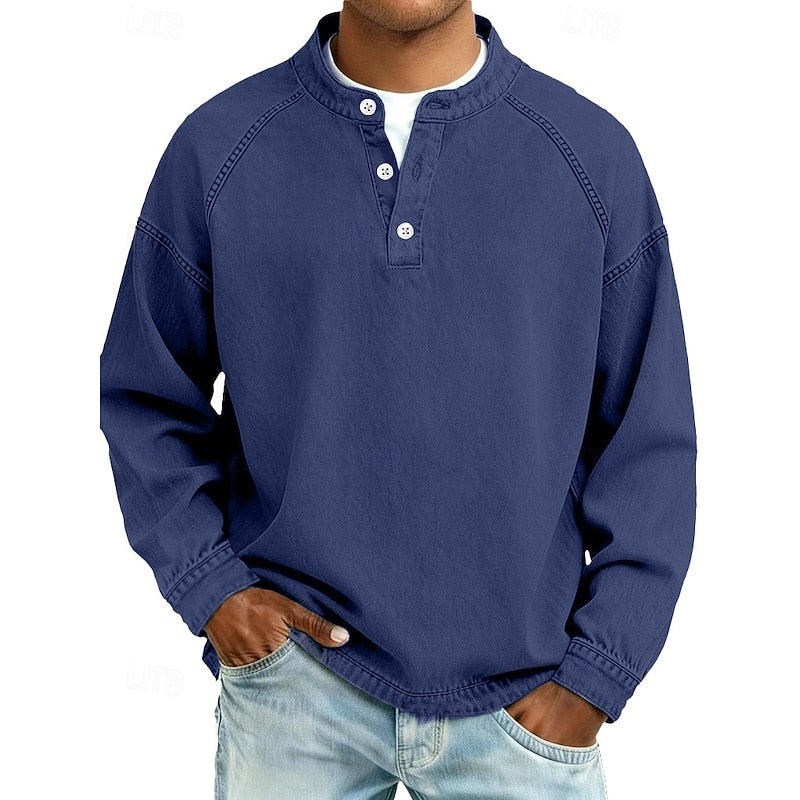 Henley Shirt Mens Washed Cotton Long Sleeve Relaxed Lived In Feel
