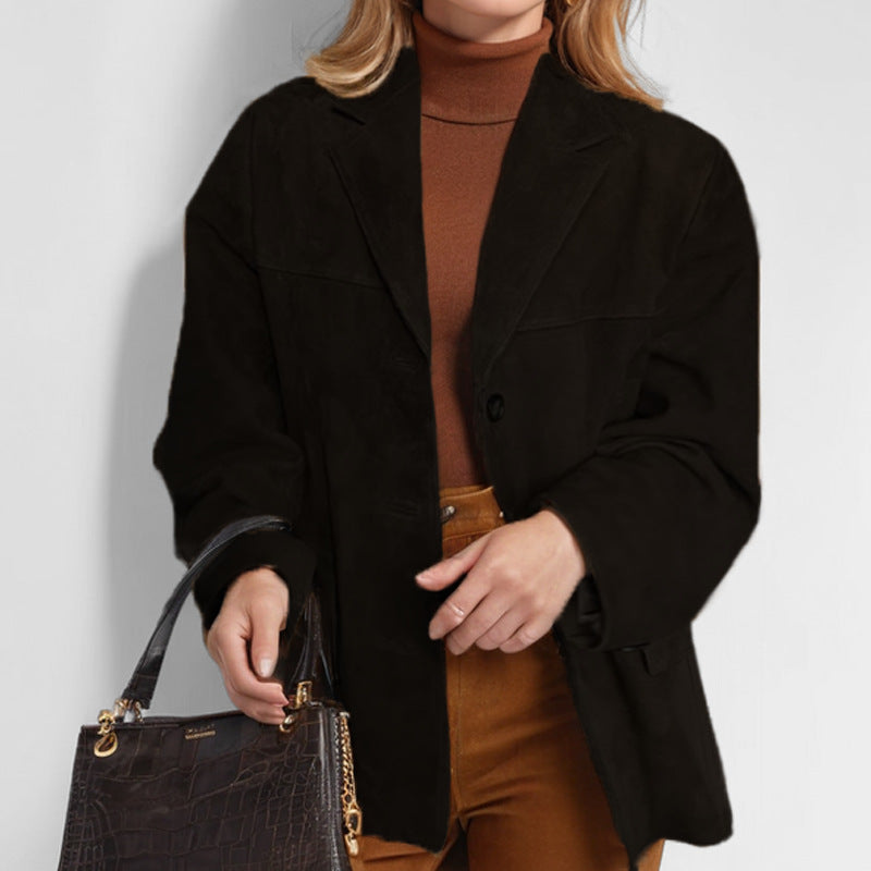 Fall Faux Leather Notch Lapel Button Front Blazer for Women in Black
