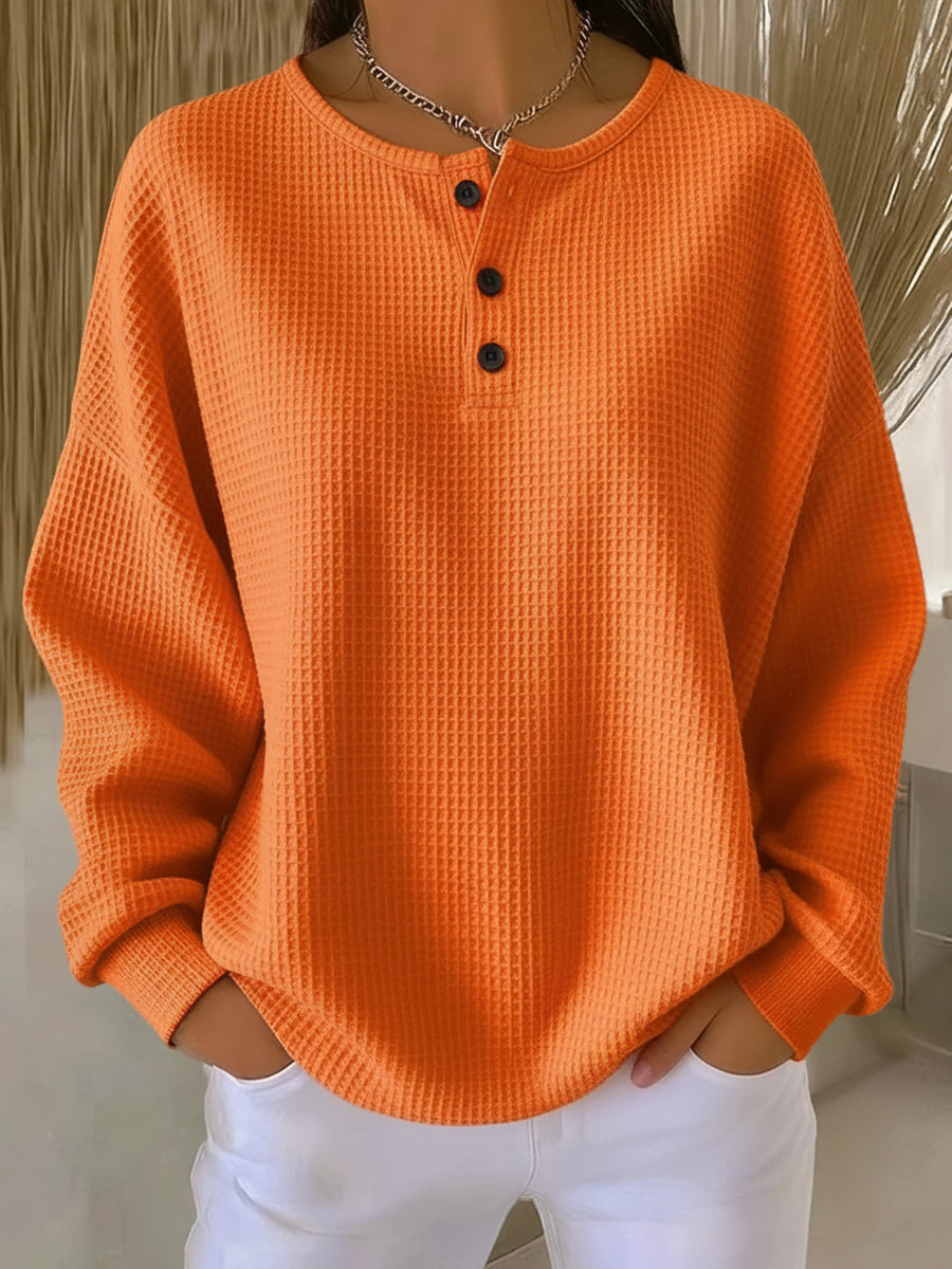 Fall Waffle Knit Oversized Henley Top for Women in Orange