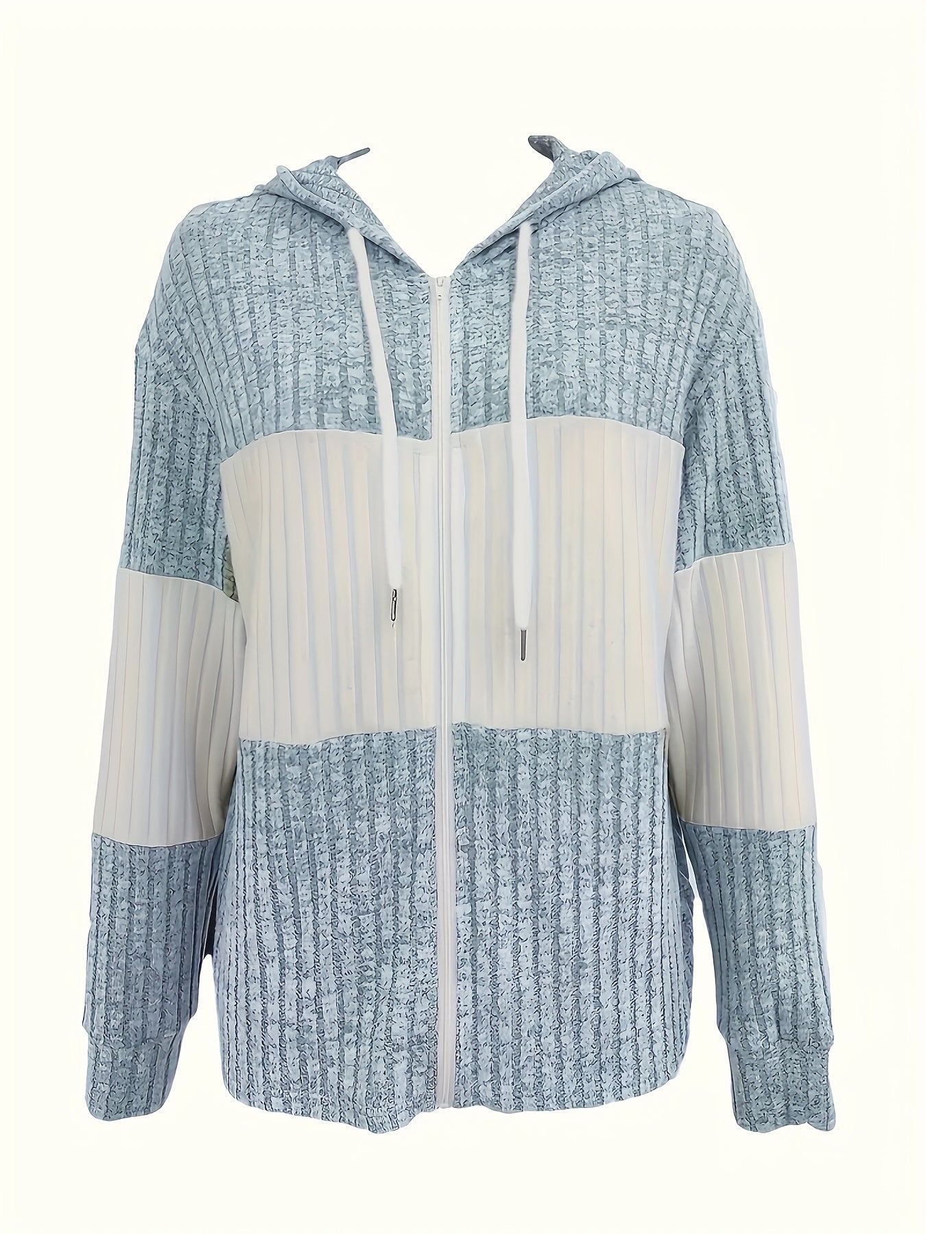 Zip Hoodie Womens Colour Block Ribbed Texture Full Zip Soft Warm
