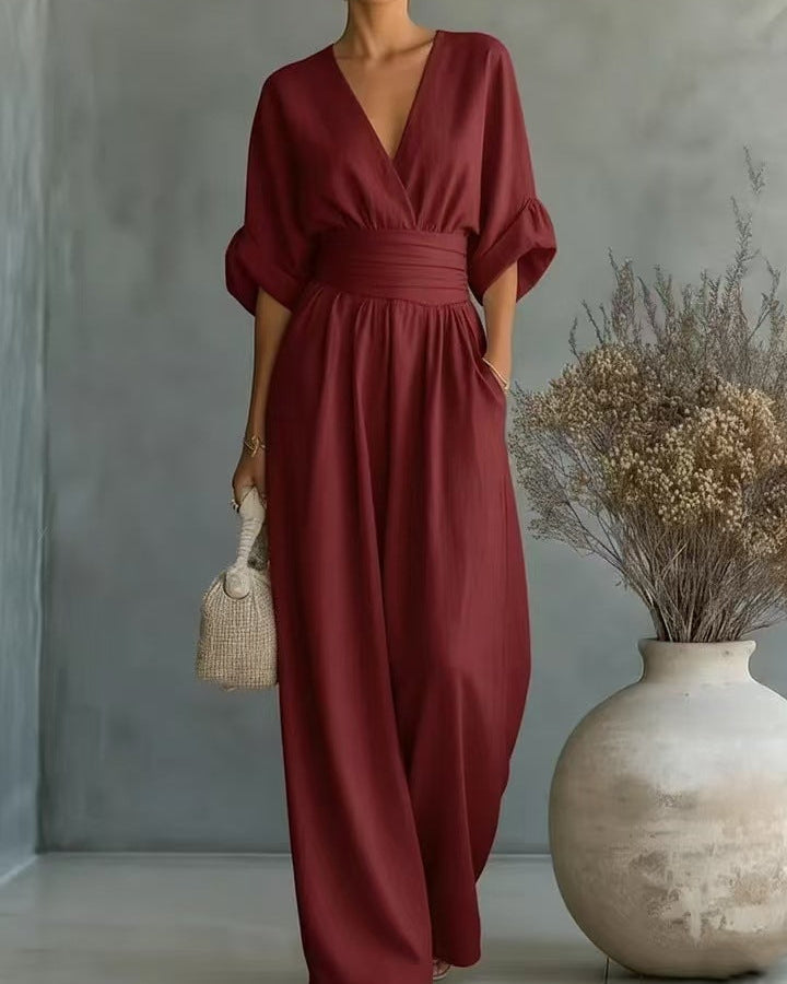 Fall V Neck High Waist Wide Leg Jumpsuit for Women in Dark Red