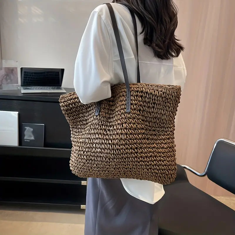 Oversized woven straw beach tote bag, view 8