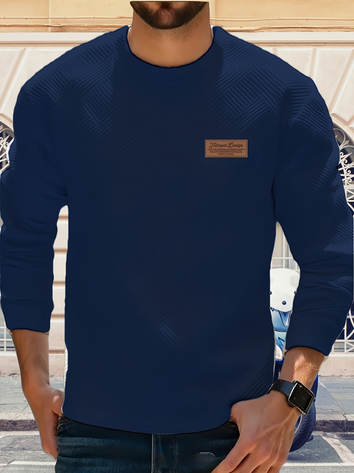 Sweatshirt Mens Crew Neck Textured Pullover Ribbed Trim Everyday