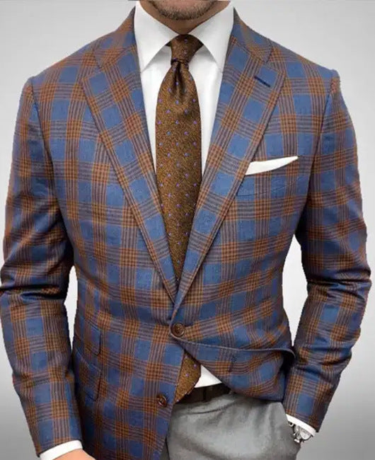 Fall Slim Fit Plaid Two Button Suit Blazer for Men in Brown Blue Plaid