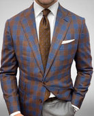 Fall Slim Fit Plaid Two Button Suit Blazer for Men in Brown Blue Plaid