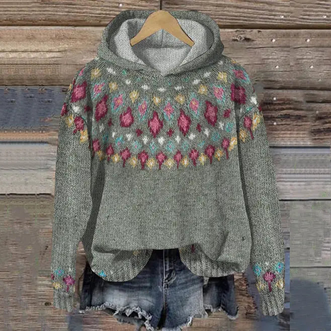 Hoodie Womens Fair Isle Nordic Pattern Knit Pullover Winter