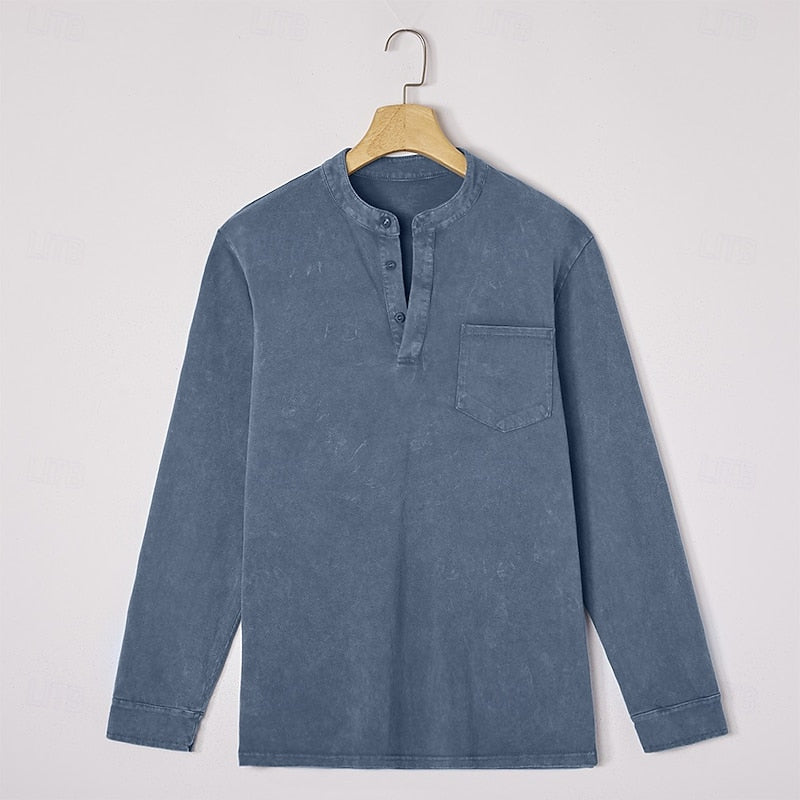 Henley Shirt Mens Vintage Washed Long Sleeve Button Placket Faded