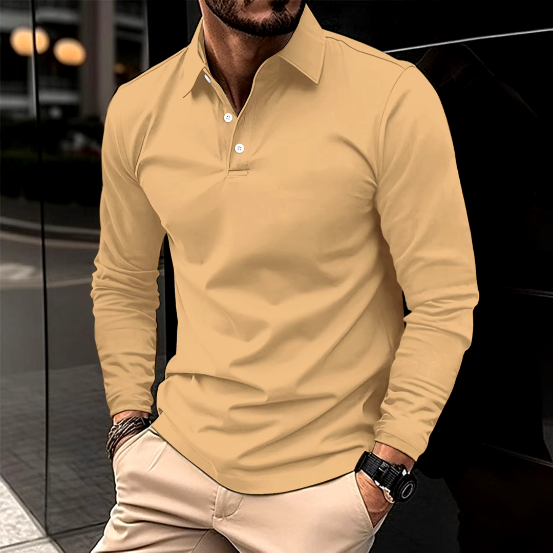 Fall Slim Fit Long Sleeve Button Polo Shirt for Men in Beige