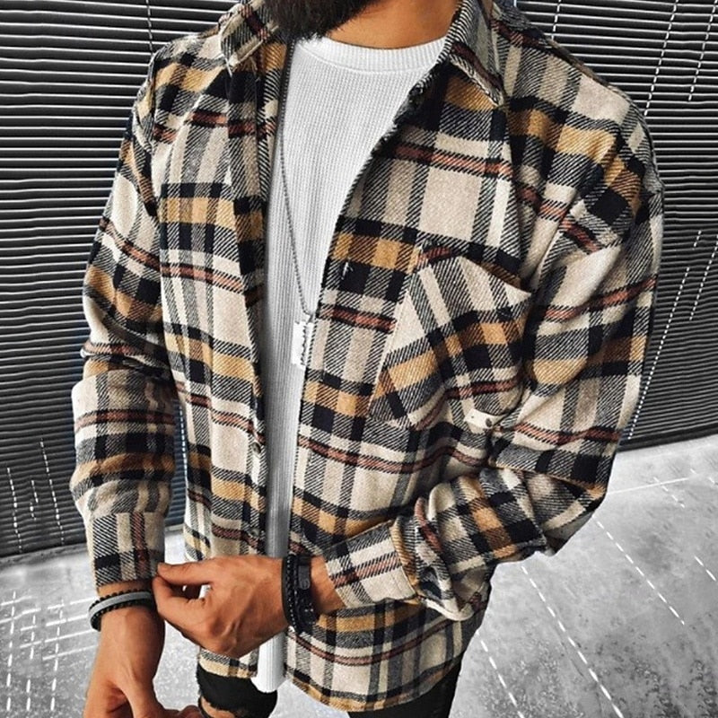 Flannel Shirt Jacket Mens Checked Overshirt Button Front Relaxed