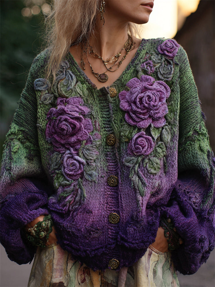 Cardigan Sweater Womens Floral Rose Print Open Front Openwork Knit