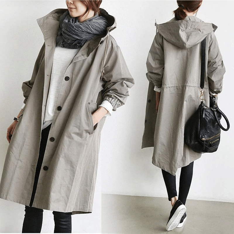 Hooded Parka Womens Longline Button Front Relaxed Drape Pockets
