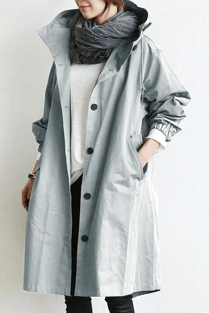 Hooded Parka Womens Longline Button Front Relaxed Drape Pockets