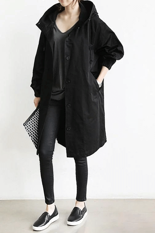 Hooded Parka Womens Longline Button Front Relaxed Drape Pockets