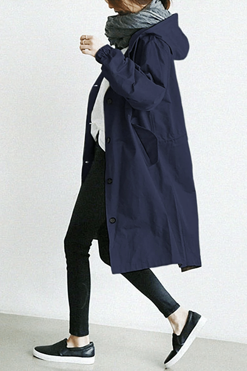 Hooded Parka Womens Longline Button Front Relaxed Drape Pockets