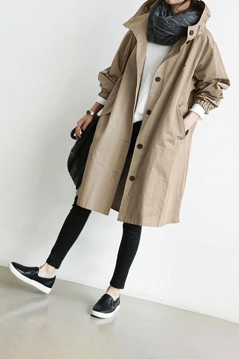 Hooded Parka Womens Longline Button Front Relaxed Drape Pockets