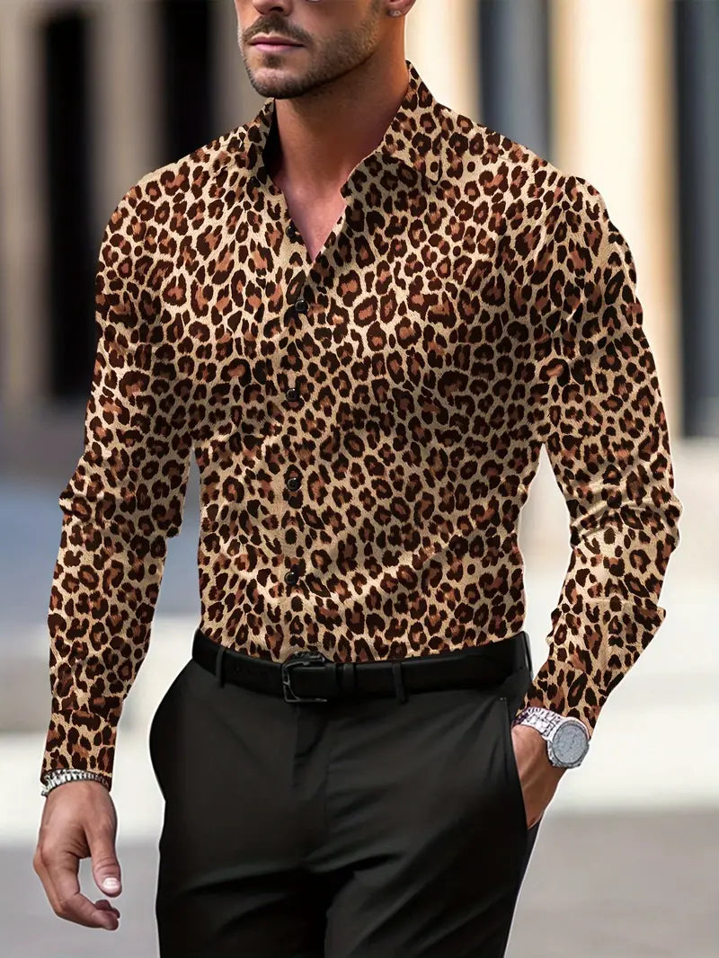 Graphic leopard print short sleeve shirt in brown