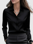 Fall Hidden Placket Curved Hem Long Sleeve Shirt for Women in Black