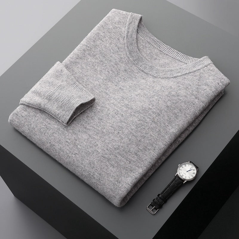 Fall Cashmere Feel Knit Crew Neck Sweater for Men in Light Gray