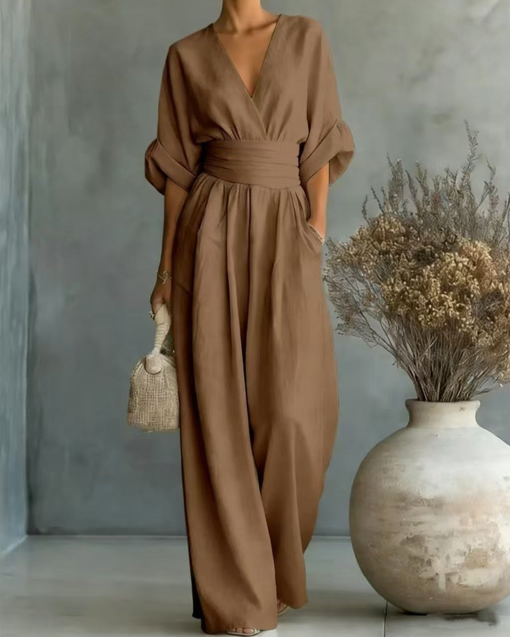 Fall V Neck High Waist Wide Leg Jumpsuit for Women in Dark Brown