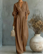 Fall V Neck High Waist Wide Leg Jumpsuit for Women in Dark Brown