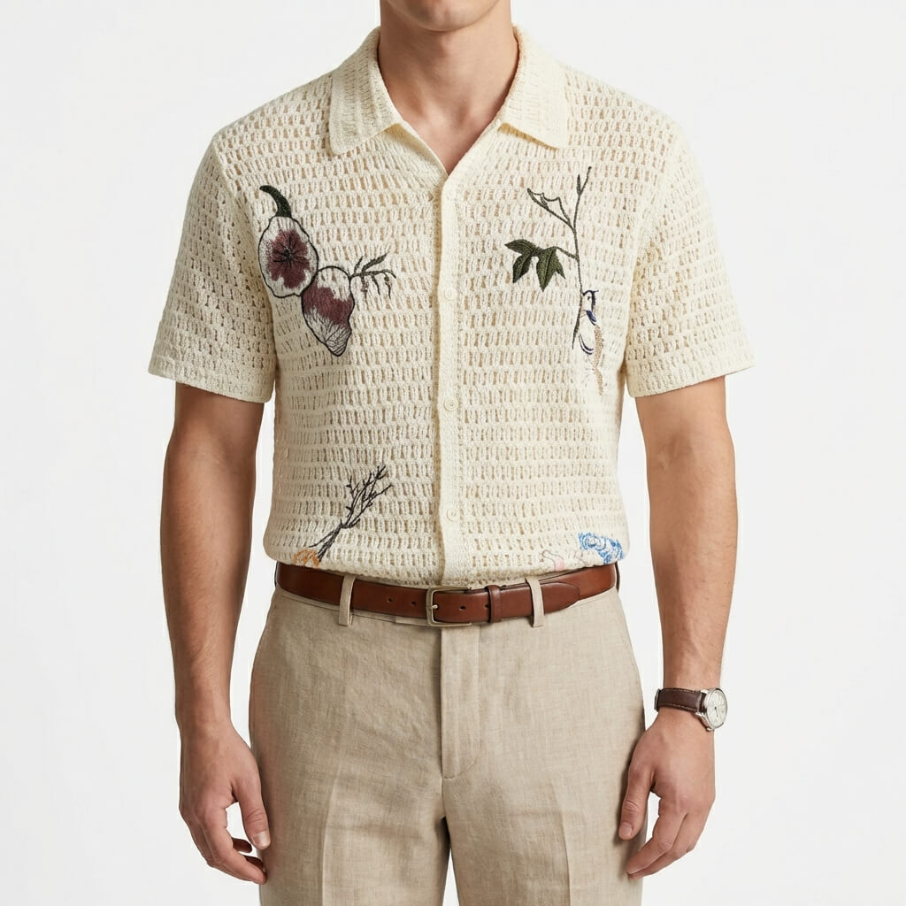 Open weave crochet knit polo shirt, view 3