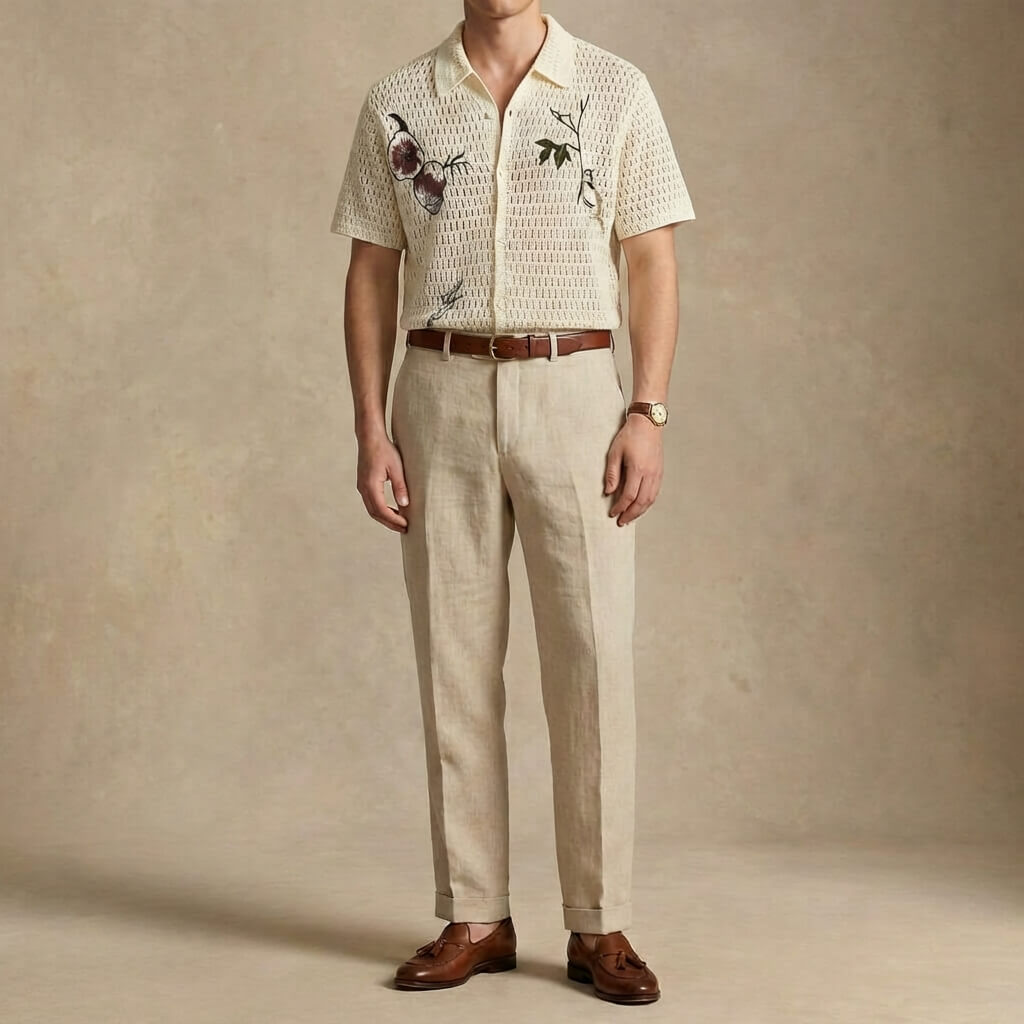Open weave crochet knit polo shirt, view 4
