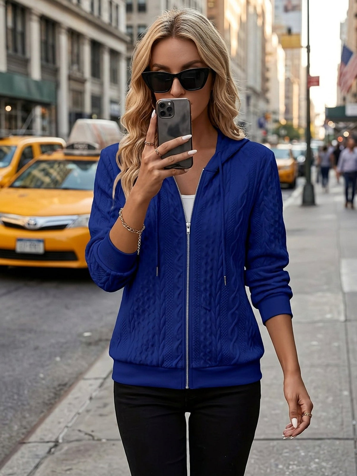 Fleece Jacket Womens Textured Hooded Zip Up Relaxed Fit Layering