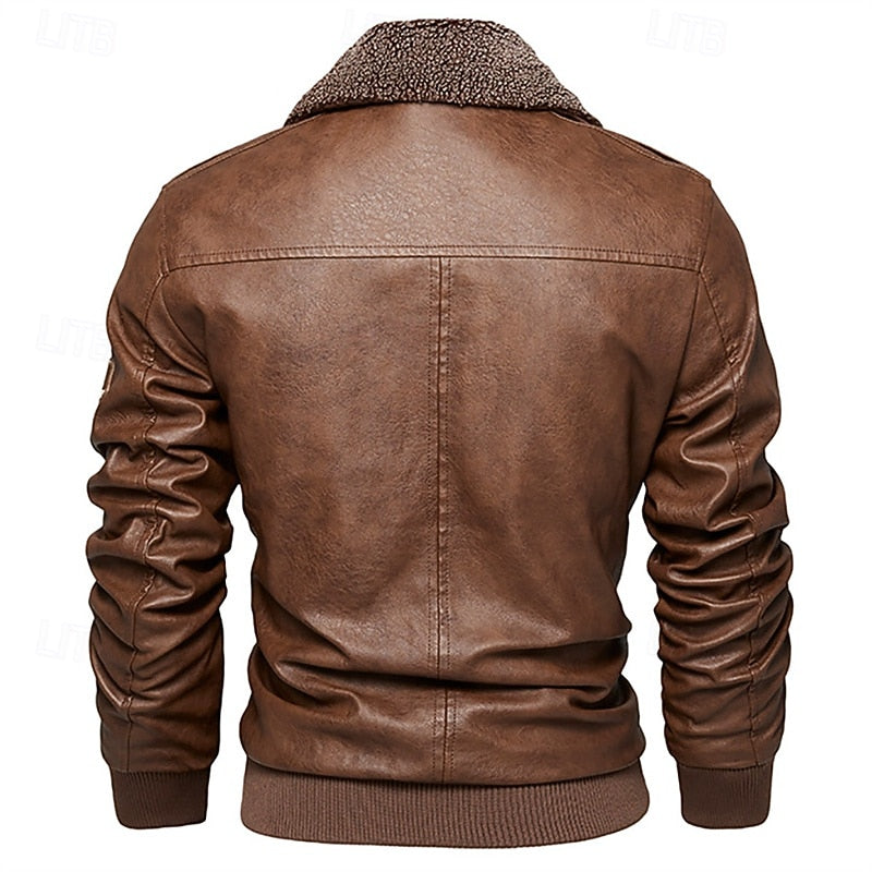 Aviator Jacket Mens Shearling Collar Faux Leather Bomber Winter