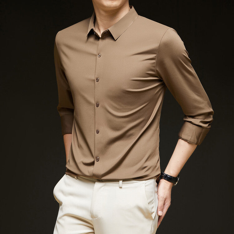 Fall Slim Fit Lightweight Button Up Dress Shirt for Men in Tan Brown