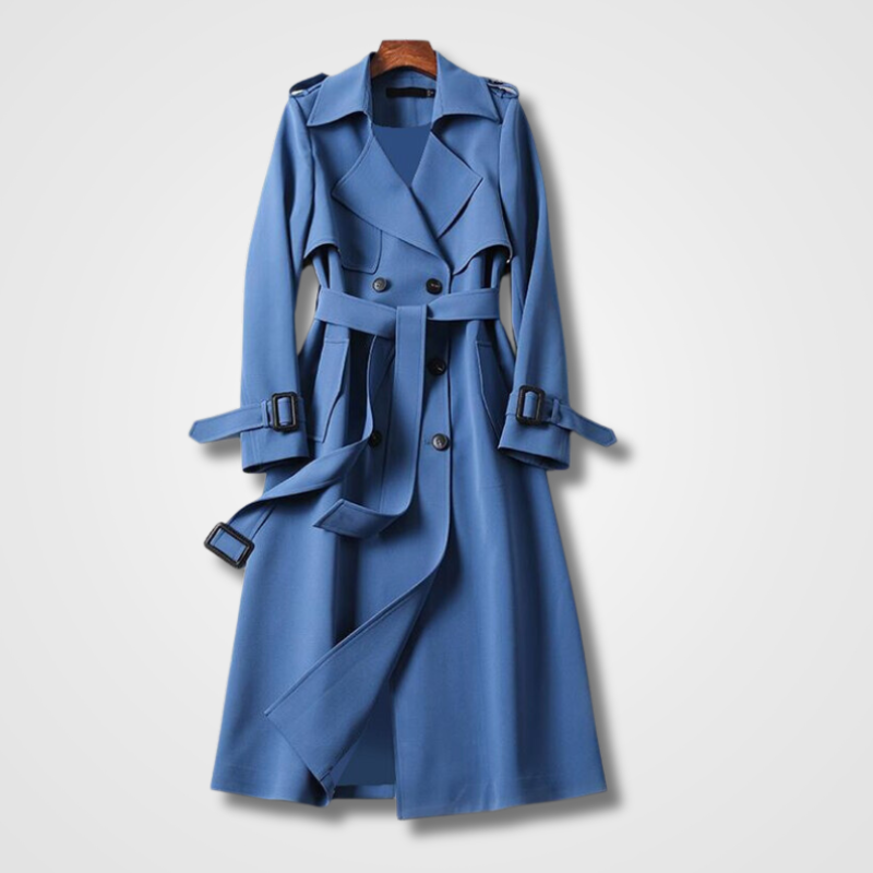 Fall Double Breasted Belted Long Trench Coat for Women in Blue