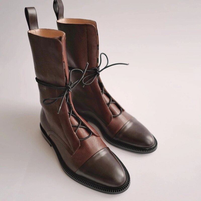 Fall Laced Front Cap Toe Low Heel Boots for Women
