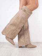 Fall Fold Over Cuff Knee High Wedge Boots for Women in Beige