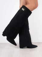 Fall Fold Over Cuff Knee High Wedge Boots for Women in Black Brushed