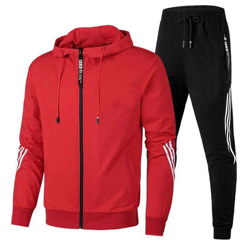 Fall Hooded Zip Up Tracksuit with Jogger Pants Set for Men in Red Black