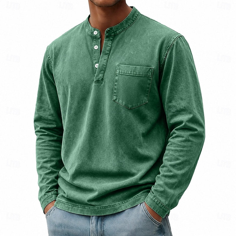 Henley Shirt Mens Vintage Washed Long Sleeve Button Placket Faded