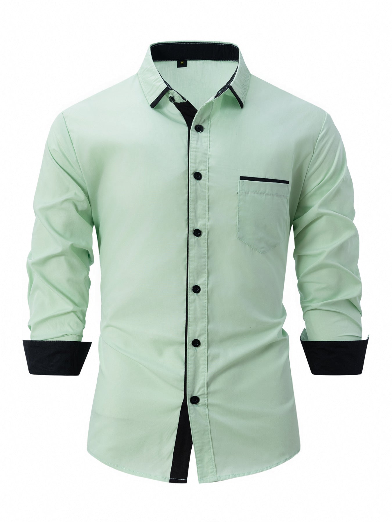 Fall Slim Fit Cotton Blend Contrast Trim Dress Shirt for Men in Light Green