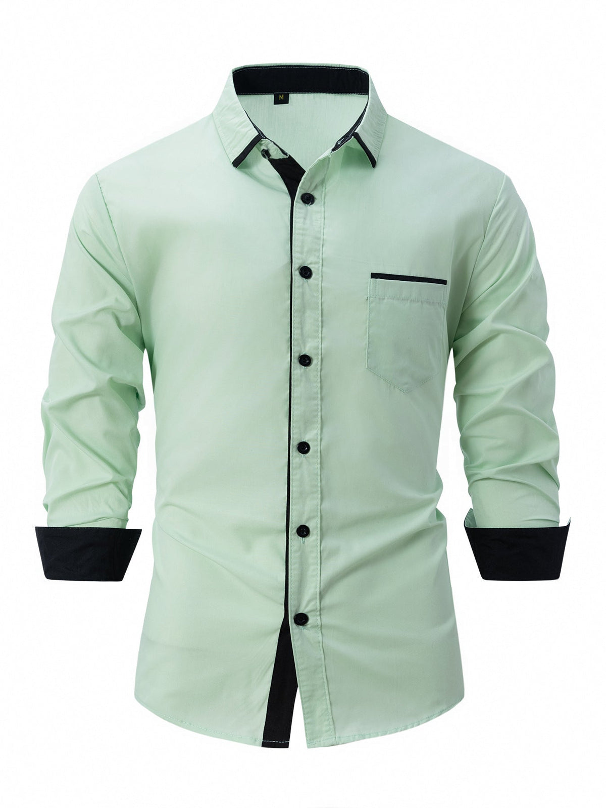 Fall Slim Fit Cotton Blend Contrast Trim Dress Shirt for Men in Light Green