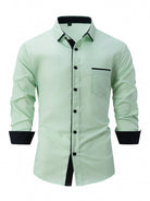 Fall Slim Fit Cotton Blend Contrast Trim Dress Shirt for Men in Light Green