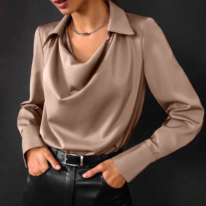 Fall Draped Cowl Neck Collared Long Sleeve Blouse for Women in Mocha