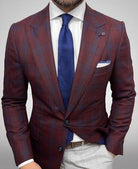 Fall Slim Fit Plaid Two Button Suit Blazer for Men in Burgundy Plaid
