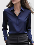 Fall Hidden Placket Curved Hem Long Sleeve Shirt for Women in Navy