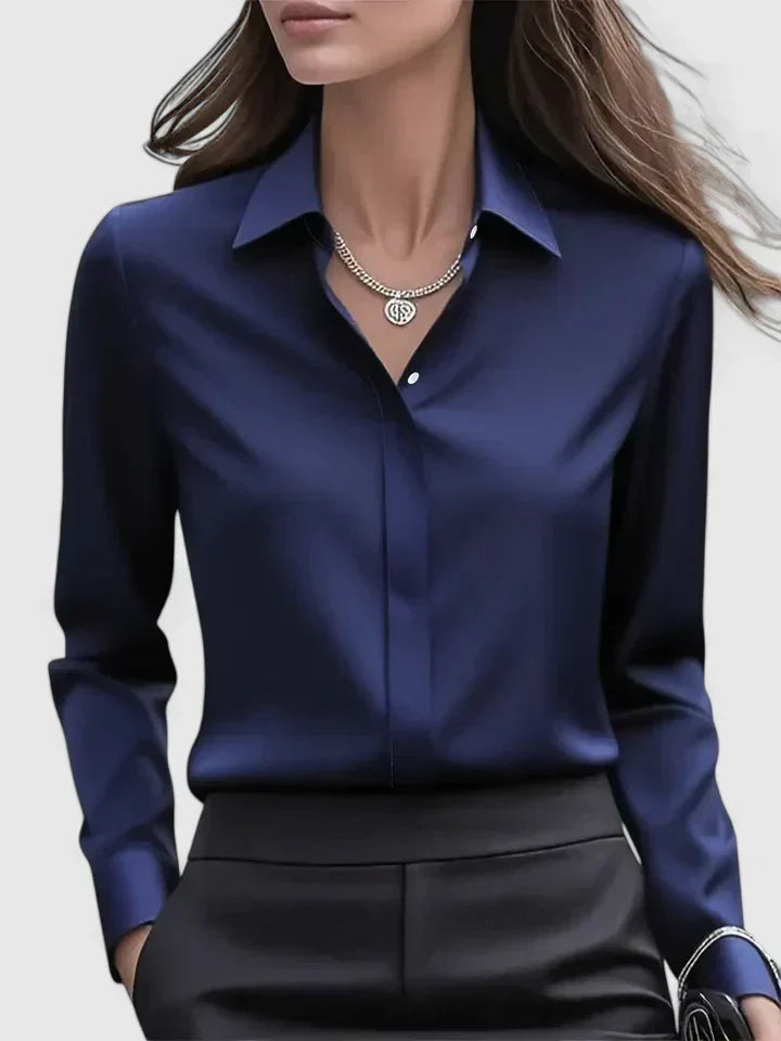 Fall Hidden Placket Curved Hem Long Sleeve Shirt for Women in Navy