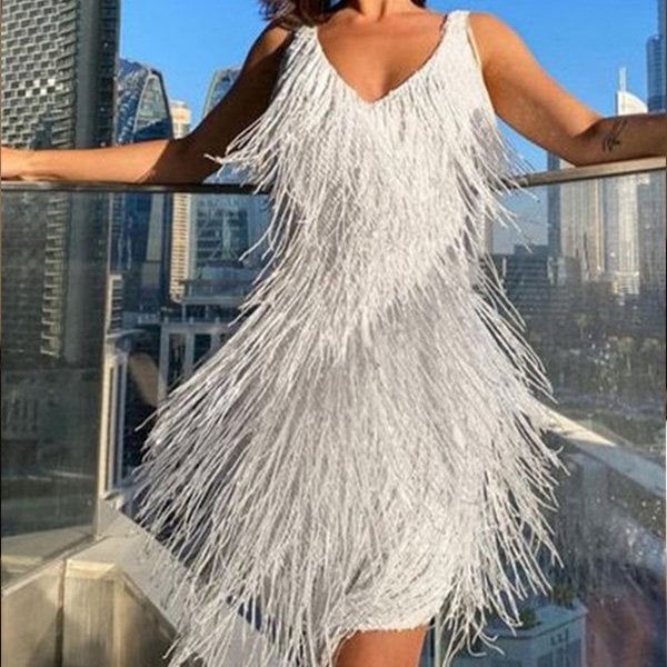 Sequin Fringe V Neck Flapper Mini Party Dress for Women