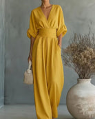 Fall V Neck High Waist Wide Leg Jumpsuit for Women in Yellow